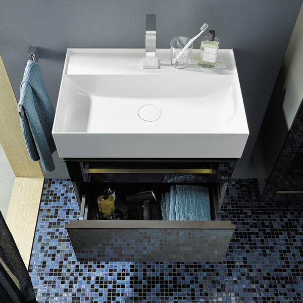 Burgbad Yumo База с  умыв  665х640х470 мм. 2 выдв ящика с ручкой желобком., со стекл.вставкой.  c 1 отв под смес ,  цвет серый 