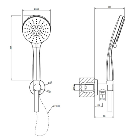 Gessi Emporio Emporio shower Душевой комплект: вывод воды, держатель, шланг 1,50 м и  3-позиционная душевая лейка с защитой от изв. налёта, цвет: Chro 