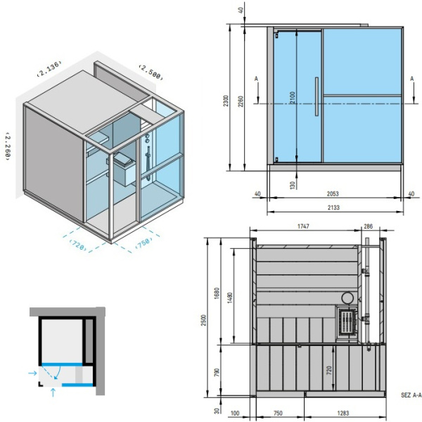 Effegibi Logica S Сауна с душем, угловая R.H., DX, 214x250xh226см, отделка: Soft Sand 