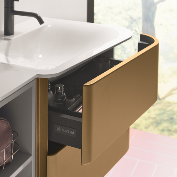 BurgBad Badu База подвесная с дв умыв. из минер литья 1520х510х492 мм, 4 ящика, 1полка, 2 отв под смеситель цвет корпус K0521 серый , фасад T0015 Gold 