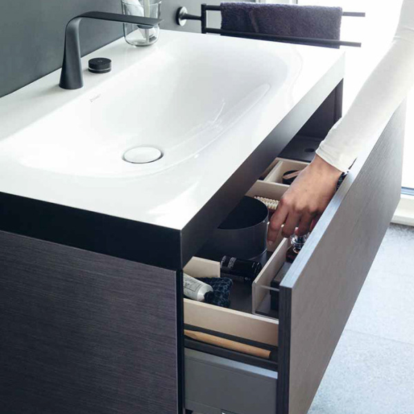 Duravit XViu Тумба подвесная 503x800x480мм, 2 ящика, с раковиной без перелива, с 2 отв под смес, цвет: dark brushed oak/чёрный матовый 