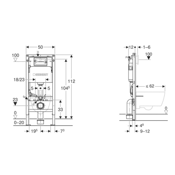Geberit Duofix Инсталляция для подв. унитаза, 112 см, со смыв. бачком Delta 12 см, с креп., клавиша Delta01, круглая: Глянц. хром (замена 458.149.21.1 