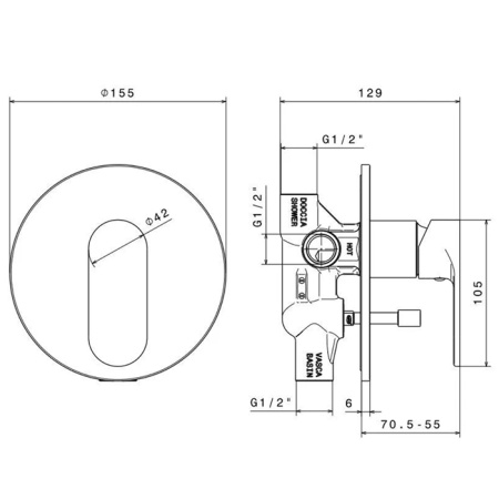 Kerama Marazzi Встроенный однорычажный смеситель PIANO для душа с переключателем на 2 источника, внешняя и внутренняя части, цвет хром 
