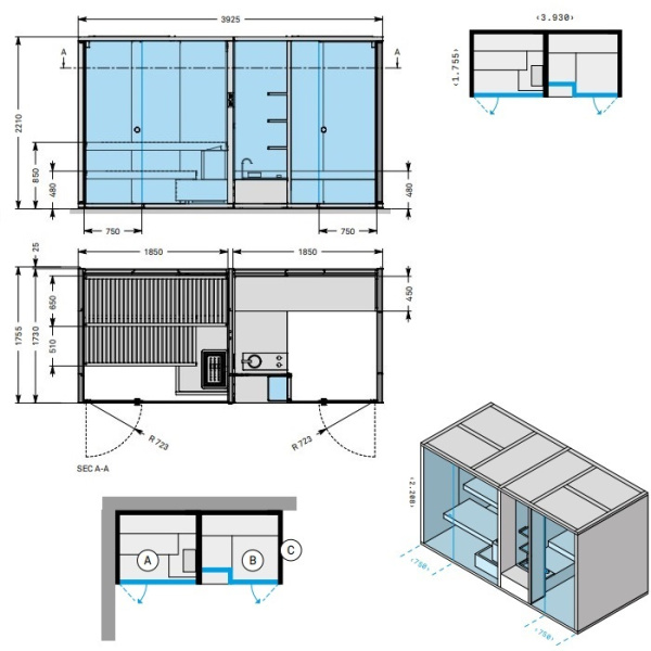 Effegibi BodyLove SH Front Сауна & Хаммам система 393x176xh220 см, размещение в угол S.X., отделка сауны хемлок, хаммам без отделки 