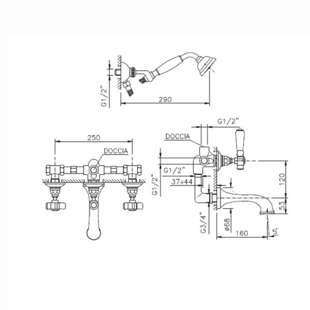 Nicolazzi El Capitan Смеситель встраеваемый для ванны с 2мя ручками, с ручным душем, с изливом из стены, цвет: хром 