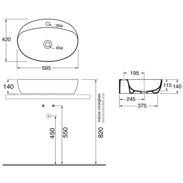 AZZURRA ELEGANCE CIRCLE раковина накладная 60х42см без отв. под смеситель , цвет белый матовый 