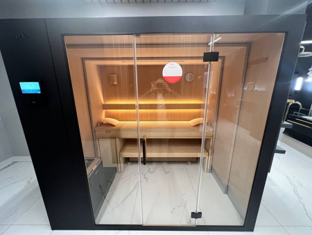 KLAFS S1 Сауна раздвижная 2320х1600(600)хh2110 мм, размер L с прозрачным стеклом, вн. отд. хемлок, Varius 6,0 кВт, внешняя отделка: чёрный матовый 