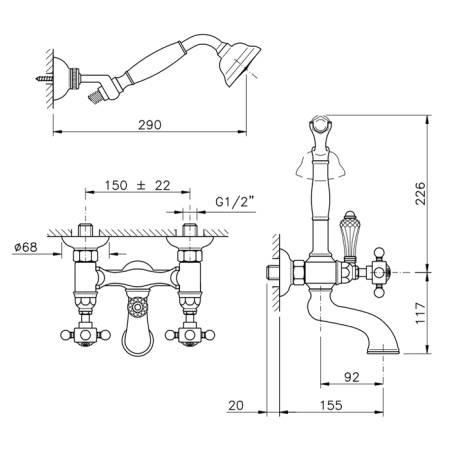 Nicolazzi Petit Mont Blanc Смеситель для ванны с душем duplex настенный на 2 отверстия, излив: 155 мм, цвет: Bronze Plated 