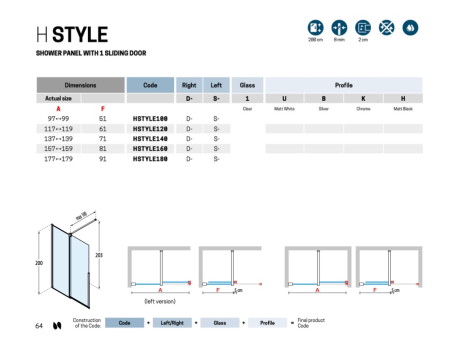 Дверь в нишу сдвижная 120 см (117-119x200) Novellini H Style HSTYLE120D-1H, правая, профиль Black Matt, стекло прозрачное CrystalClear 