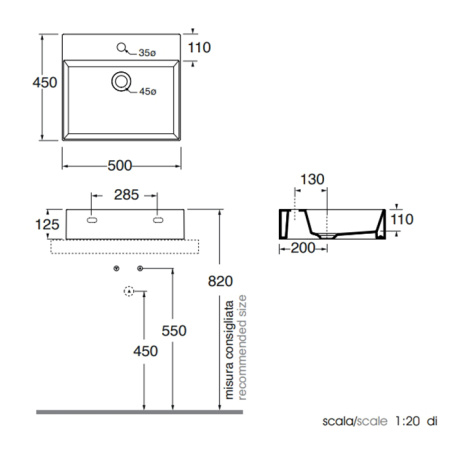 AZZURRA ELEGANCE Squared раковина подвесная/накладная 50х45см с 1 отв. под смеситель , цвет CARBONE 