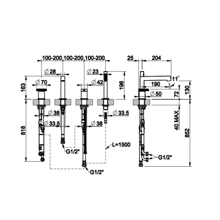 Gessi Anello Смеситель для ванны на 4 отверстия: излив, девиатор, шланг, лейка, цвет: хром 