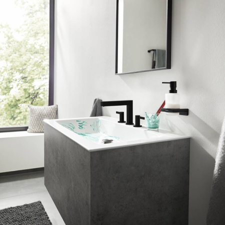 HANSGROHE FINORIS Смеситель для раковины, на 3 отверстия, 110, со сливным клапаном Push-Open, матовый черный 