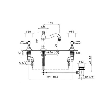 Nicolazzi Petit Mont Blanc Смеситель для раковины на 3 отверстия, излив: 165 мм, цвет: хром 
