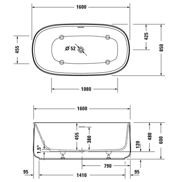 Duravit Zencha Ванна отдельн. 1600 x 850 mm, с бесш. панелью и опорной рамой, с 1 накл. спинки, с нажимным клапаном, DuroCast® Plus белый матовый 