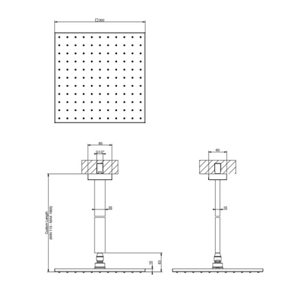 Gessi Rettangolo Верхний душ для потолочного крепления 300x300мм, СПЕЦРАЗМЕР-УКАЖИТЕ (высота от 115 до 1865мм), цвет: черный 
