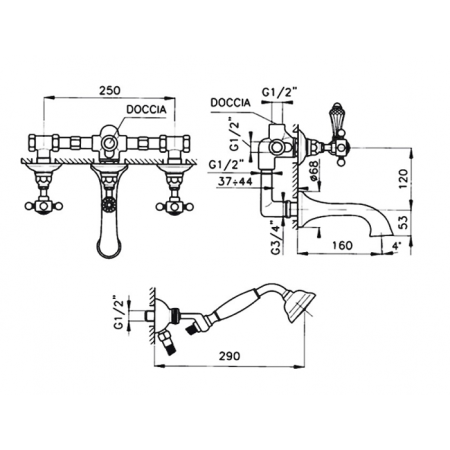 Nicolazzi P.M.Blanc Смеситель для ванны и душа, настенный, с 2мя ручками, на 2 отв., цвет: хром 