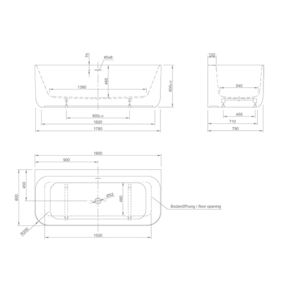 KNIEF Tidy Ванна отдельностоящая 1800х800хh600мм, щелевой перелив, цвет белый матовый (продается со сливом 0100-091-06s) 