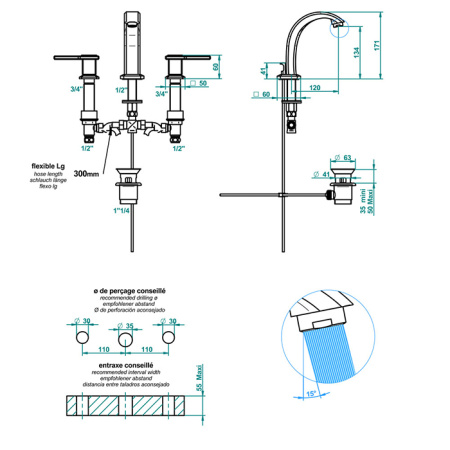 THG METROPOLIS CRISTAL NOIR A MANETTES Смеситель для раковины на 3 отверстия, для установки на мраморную столешницу, с донным клапаном, цвет хром 