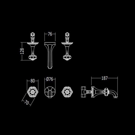 Devon&Devon Excelsior Gemstone Смеситель для раковины на 3 отв. для настенного монтажа, цвет: золотом 24к. 
