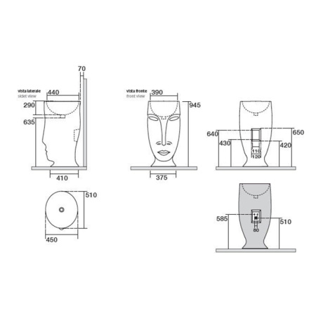 Kerasan Artwork Раковина свободностоящая "MOLOCO", с отверстием для слива в стену, цвет белый матовый 