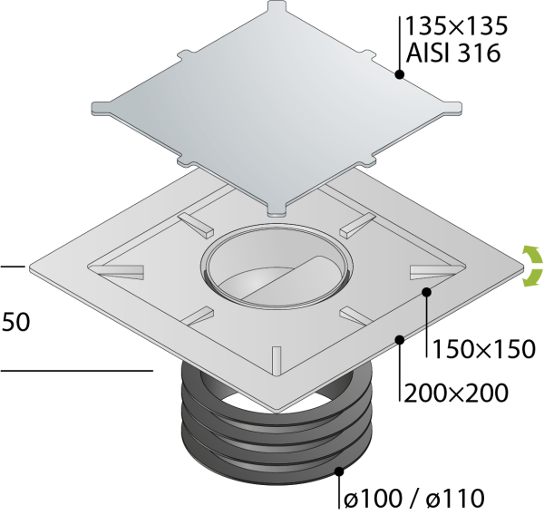 Трап 115х115 мм, решетка под плитку, сухой затвор OMP Tea Kalamata Unseen 9977.798.9 