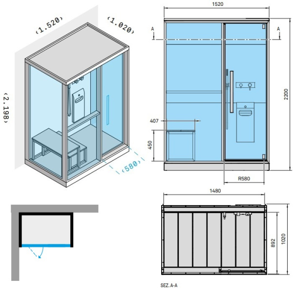Effegibi H Medium Хаммам с душем, угловой R.H., SX, 152x102xh220см, отделка: Soft Sand 