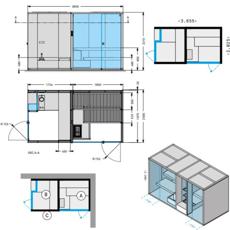 Effegibi BodyLove SH  365x202xh220 см, размещение в угол D.X., отделка сауны хемлок, хаммам гладкое стекло, наружные стены гладкий хемлок 