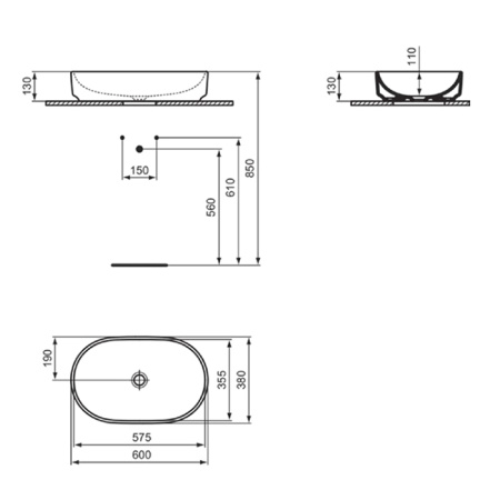 Ideal Standard i.life O Раковина овальная 60х38 см, без отверстия под смеситель, без перелива, цвет: белый глянец 