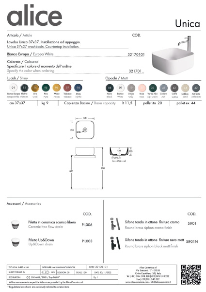 Alice Unica, накладная квадратная раковина 37х37х16,5h см, цвет белый глянцевый 