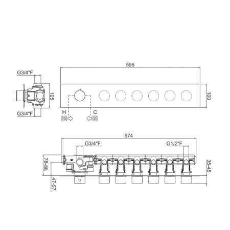 Carimali ILQUADRO  Внешняя часть горизонтальная для термостатического смесителя с 6-ю независимыми выходами, цвет хром 