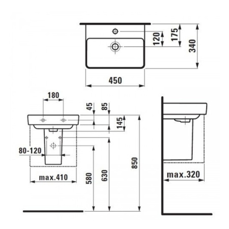 Laufen Pro S Раковина 450х340х85 мм,подвесная/на столешницу, с 1 отв. под смеситель, c переливом, цвет: белый 