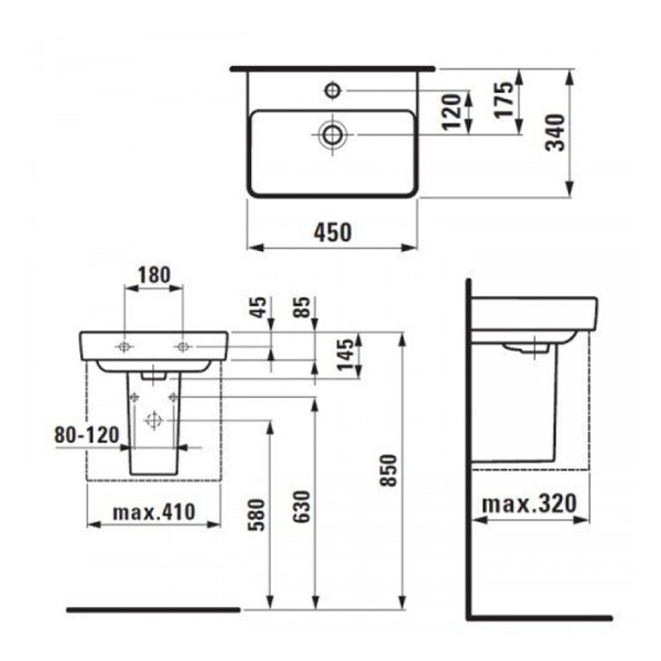 Laufen Pro S Раковина 450х340х85 мм,подвесная/на столешницу, с 1 отв. под смеситель, c переливом, цвет: белый 