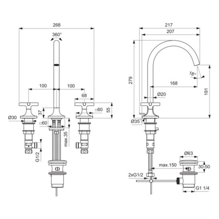 Ideal Standard Joy Neo Смеситель для раковины, на 3 отв, с донным клапаном, цвет: хром 