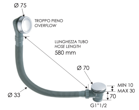 Слив-перелив click-clack для ванны Remer 96PCCBO, белый матовый 