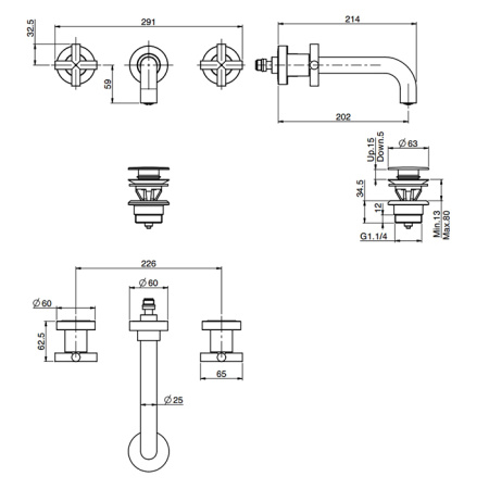 FIMA|Carlo Frattini Maxima Смеситель для раковины настенный, на 3 отверстия, излив 200 мм., внешняя часть, донный клапан Click-Clack, цвет хром 