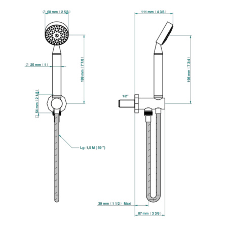 THG Les Ondes Душевой гарнитур с ручным душем, настенным держателем с подводом воды и шлангом 1500 мм., цвет Matt nickel 