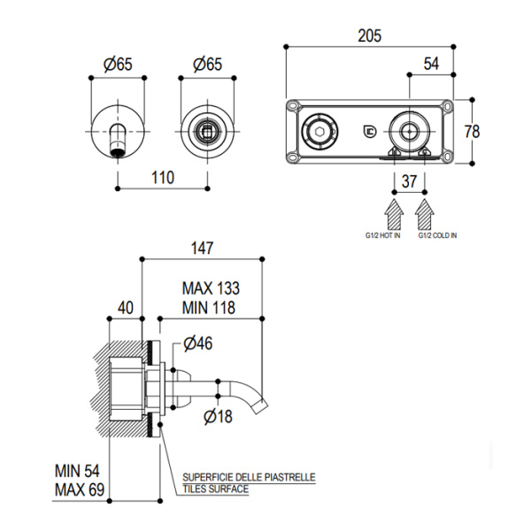 Ritmonio Diametro35 Встроенный однорычажный смеситель для раковины на 2 отв, излив 147 мм, цвет черный (без внутр части) 