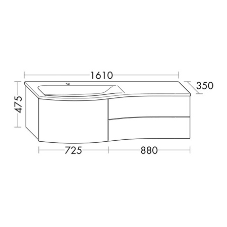 BURGBAD Sinea 1.0  База с  умыв. 1610х490х475 мм. 1 ящика с ручкой желобком.2 выдв ящика. c 1 отв под смес. вкл сифон, версия левая, цвет серый глянц. 