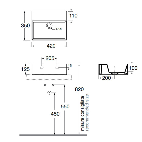 AZZURRA ELEGANCE Squared раковина подвесная/накладная 42х35х12,5 см без отв. под смеситель , цвет белый 