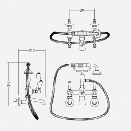Devon Dandy Смеситель для ванны, монтаж на стену без эксцентриков - межосевое расстояние 194мм, с лейкой и шлангом, цвет: хром 