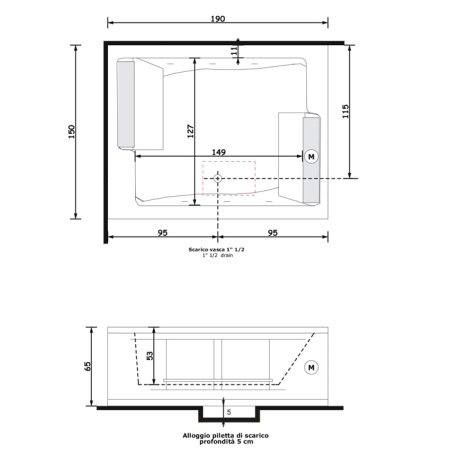 Gruppo Treesse BIS Ванна 190x150xh64 см гидром и аэром с цифр системой и сит дезинй\ф и пультом дист упр. 2 подушки белые,2 ручки,сливная колонка. 