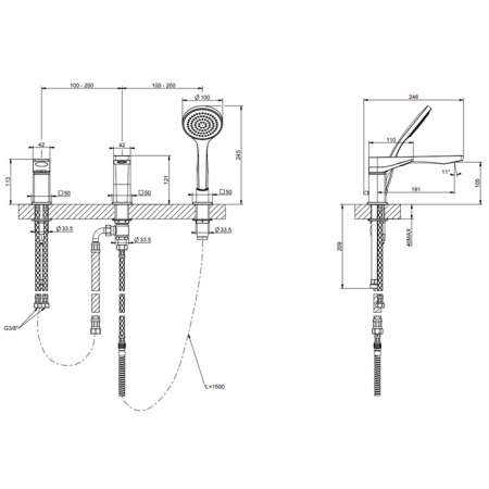 GESSI Rilievo Смеситель на борт ванны на 3 отв, с убирающаяся душевой лейкой , цвет: хром 