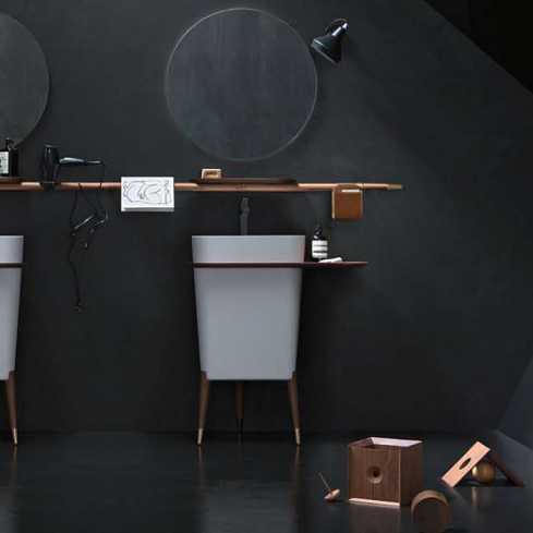 CERASA FREE Комплект мебели с двумя напольными раковинами, подвесным карнизом с аксессуарами, двумя зеркалами, светильниками и табуреткой.