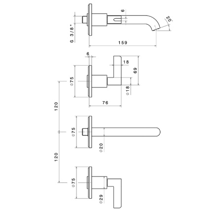 Newform Blink Chic Внешняя часть смесителя для раковины настенного монтажа на 3 отверстия без донного клапана, цвет: PVD brushed pale gold 