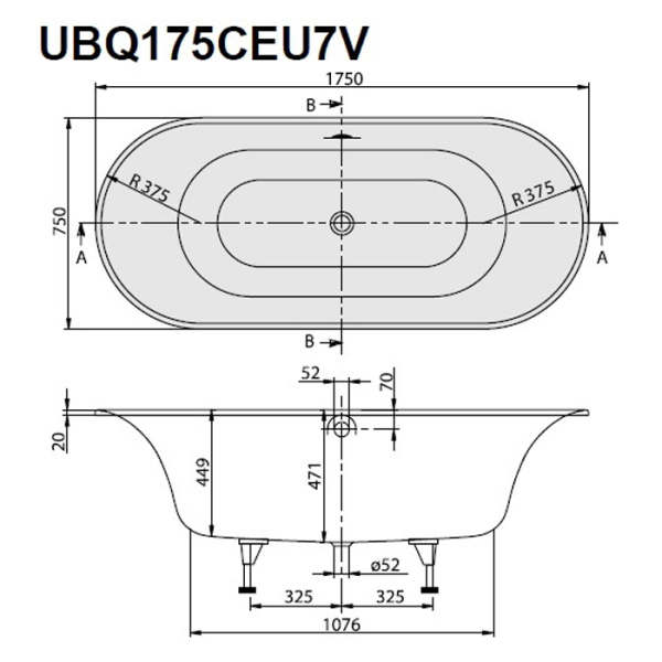 Villeroy&Boch Cetus Ванна встраиваемая овальная 1750*750*471, к-т ножек, материал: Quaryl, цвет: альпийский белый 