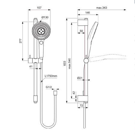 Ideal Standard Solos Душевой гарнитур 600 мм, ручной душ 3 режима (Rain, Silkrain, Active)  130 мм шланг 1750 мм IdealFlex G1/2 хром 