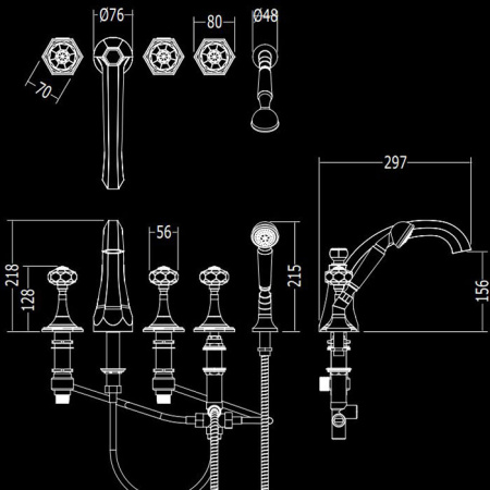 Devon&Devon Excelsior Gemstone Смеситель для установки на борт ванны с 5 отверстиями, переключателем и душем. Цвет: золото 24к. 