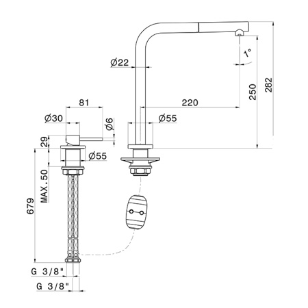 Newform XT Смеситель для кухни на 1 отв, излив 220 мм, цвет: PVD Brushed Gun metal 