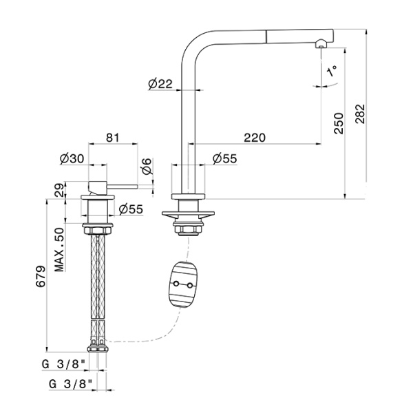 Newform XT Смеситель для кухни на 1 отв, излив 220 мм, цвет: PVD Brushed Gun metal 