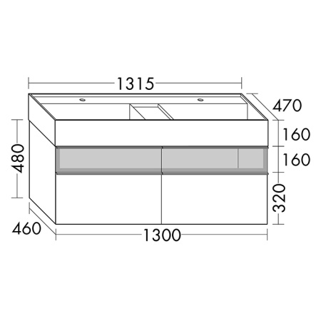 Burgbad Yumo База с  умыв двойная  1315х640х470 мм. 4 выдв ящика с ручкой желобком., вставка из стекла,  c 2 отв под смес ,  цвет белый гл. 
